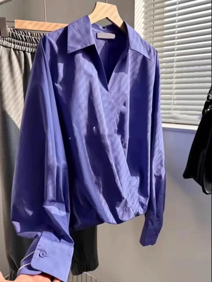 长58棉质交叉领长袖小众出街日常穿搭衬衫上衣 9929