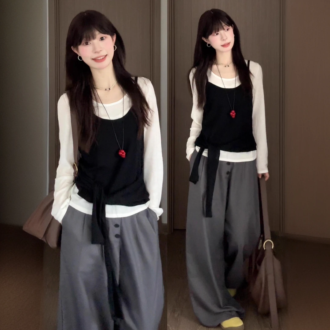 韩系慵懒松弛感上衣早秋穿搭长袖t恤女叠穿背心高级感巨好看套装