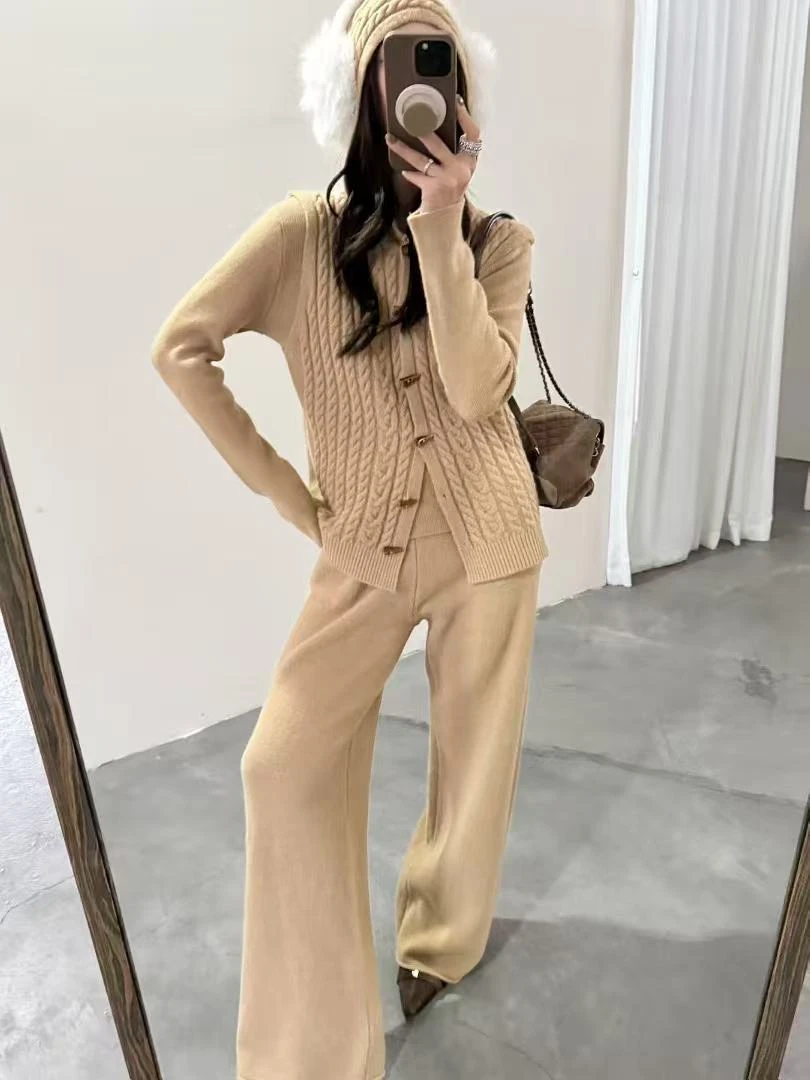 麻花连帽马甲三件套秋冬马夹圆领纯色套头阔腿裤网红韩版针织套装