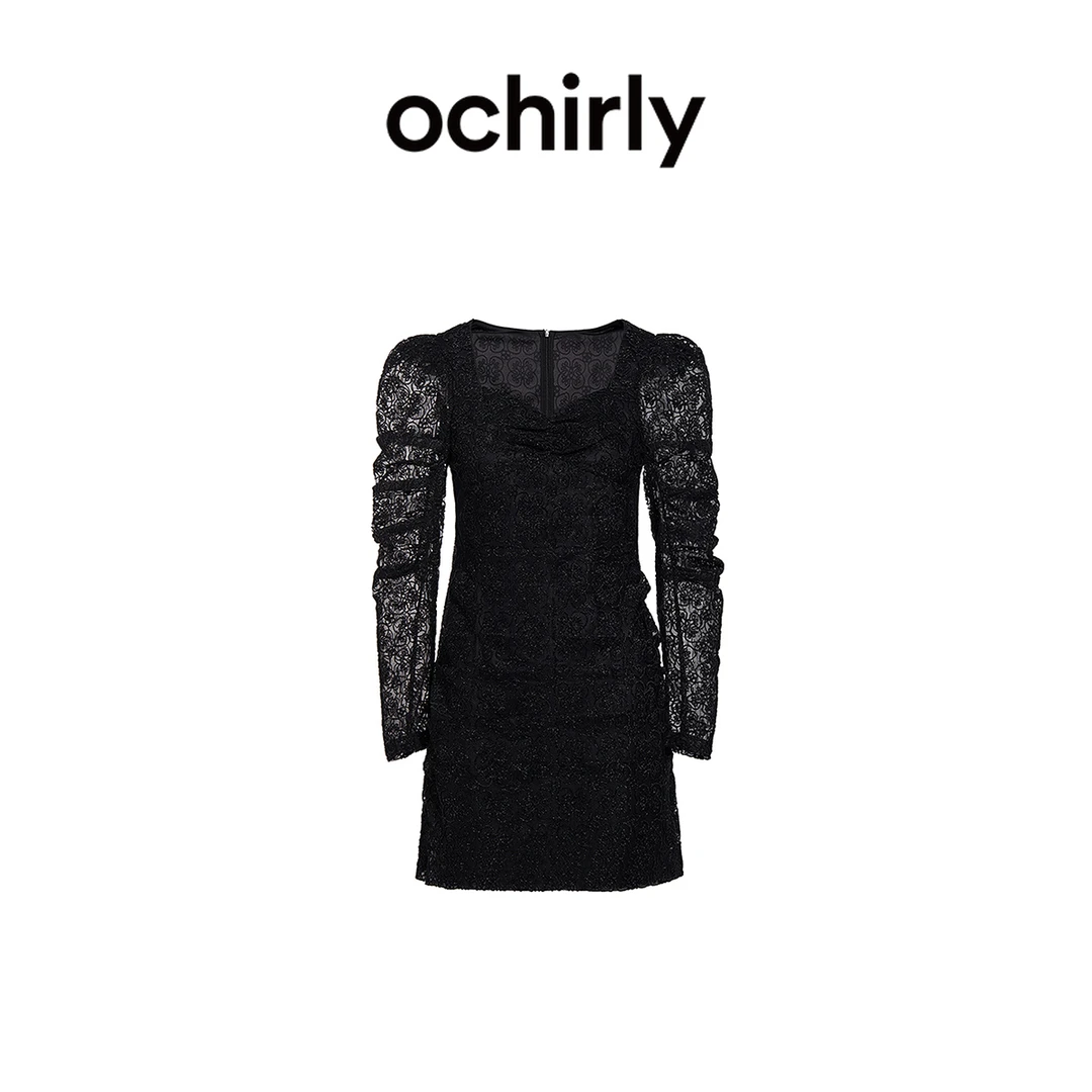 绣花蕾丝羊腿袖连衣裙 ochirly欧时力新款显瘦短款小黑裙