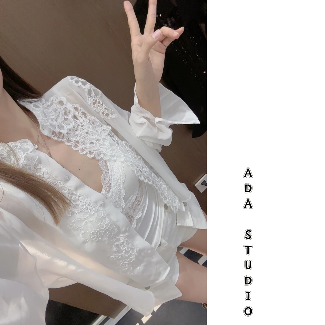 Ada定制【落雨梨花】貌美精致法式气质镂空蕾丝钩花上衣长袖衬衫