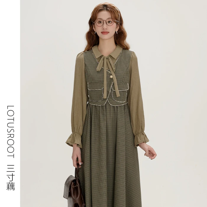 三寸藕【绿野绮梦】法式茶歇假两件连衣裙温柔风显瘦复古裙子3069