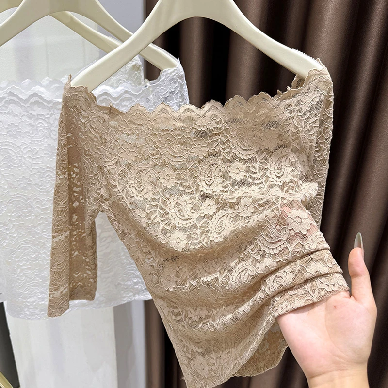 卡其一字领花边蕾丝短袖t恤女露锁骨性感镂空高级感收腰短款上衣