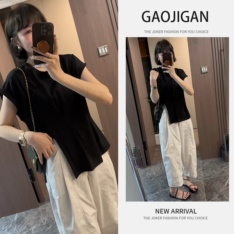 设计感气质开叉短袖上衣搭配高腰休闲运动裤盐系简约百搭两件套潮