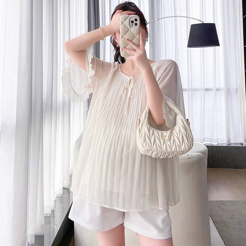 孕妇装夏季2025新款压褶设计系带五分喇叭袖雪纺衫上衣高级感衬衣