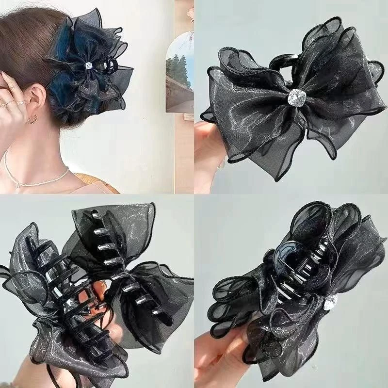 韩国高级感抓夹大号蝴蝶结网纱发夹女气质后脑勺鲨鱼夹子头饰发卡