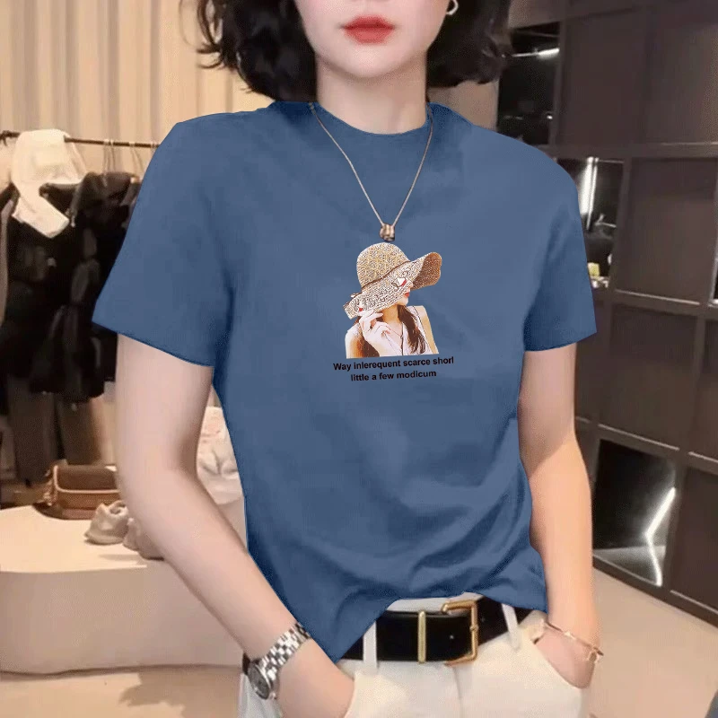 正肩蓝色短袖t恤女士夏季新款修身显瘦时尚印花体恤圆领打底上衣