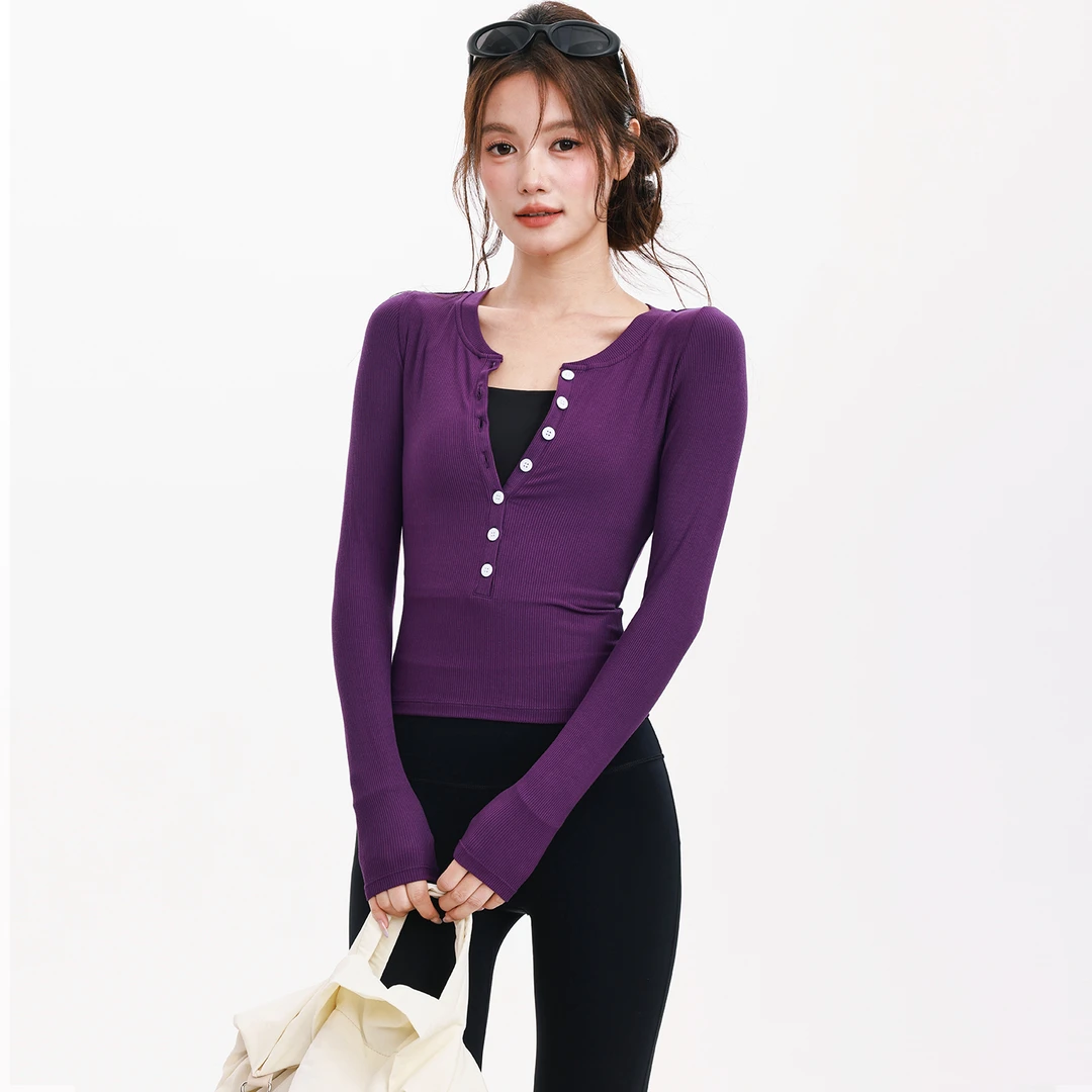 奔跑吧卡卡天丝运动上衣女v领纽扣修身显瘦长袖针织秋瑜伽健身服