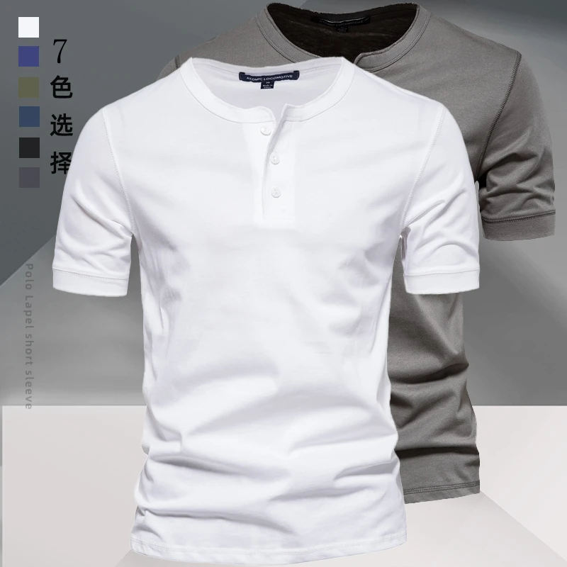 亨利领美式复古重磅阿美咔叽短袖亨利衫夏季纯白色微弹硬汉T恤男