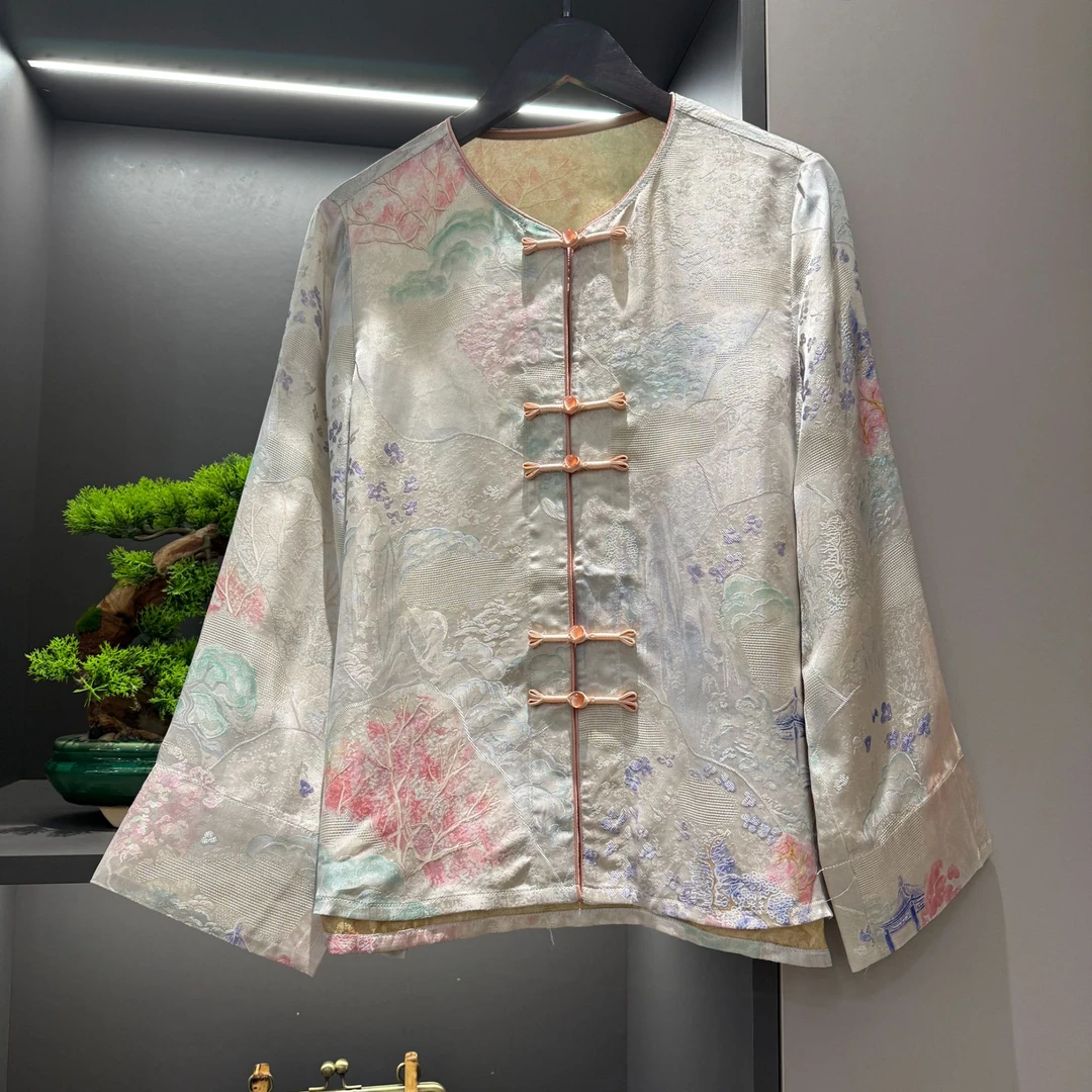 中式开衫复古盘扣传统改良青瓷花色夏季女装宽松上衣3666