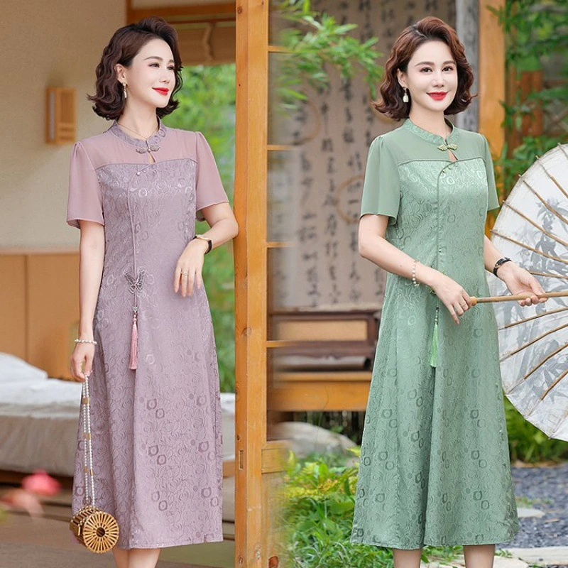 妈妈夏装复古连衣裙新款女夏季气质裙子修身中年女装收腰长裙