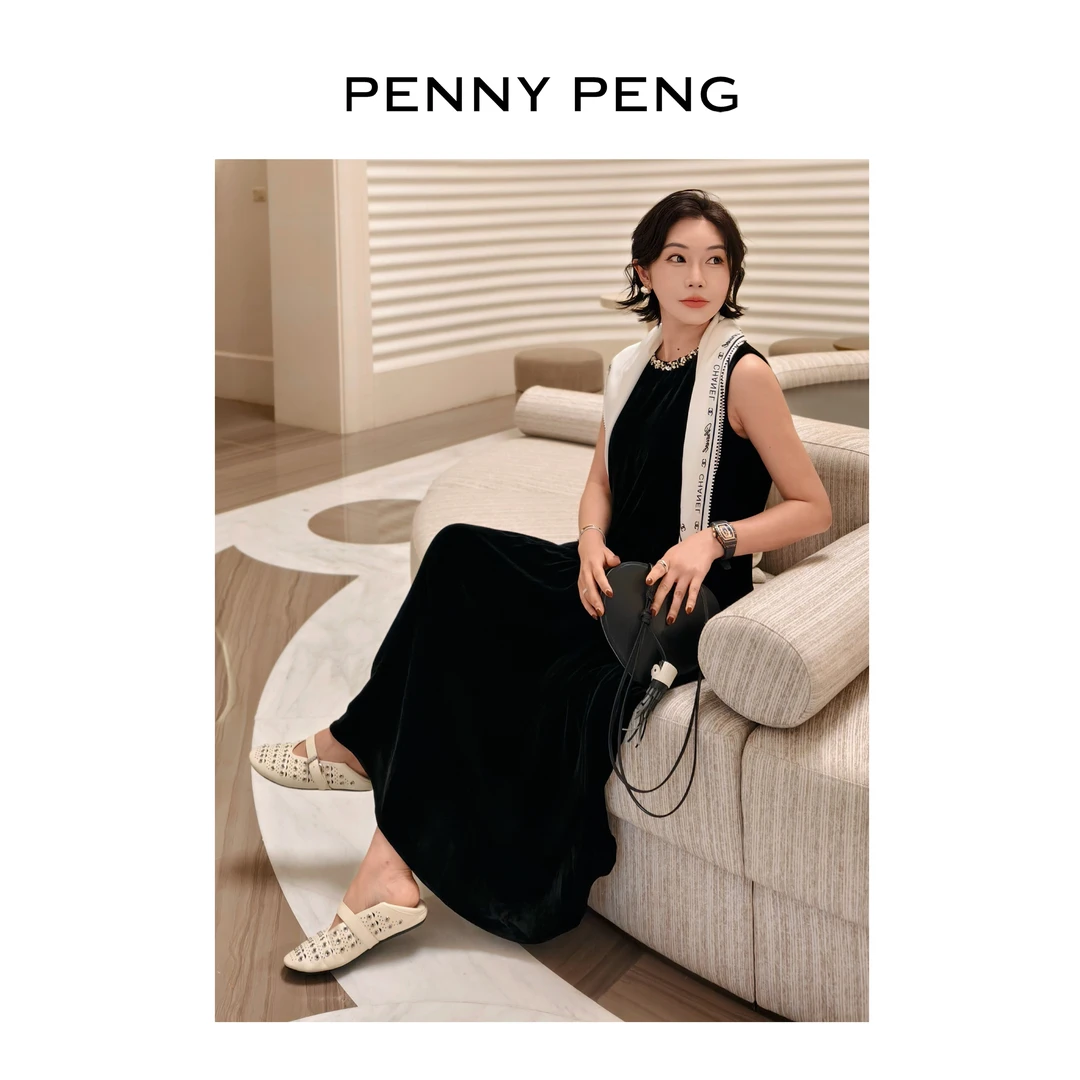 PENNYPENG 黑天鹅颂歌 黑色100桑蚕丝连衣裙圆领轻奢无袖真丝裙子