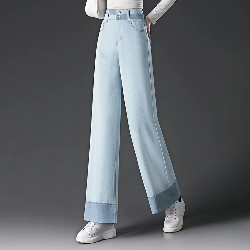 正品窄版阔腿牛仔裤女2025春季新款高腰浅色显瘦宽松垂感直筒裤子
