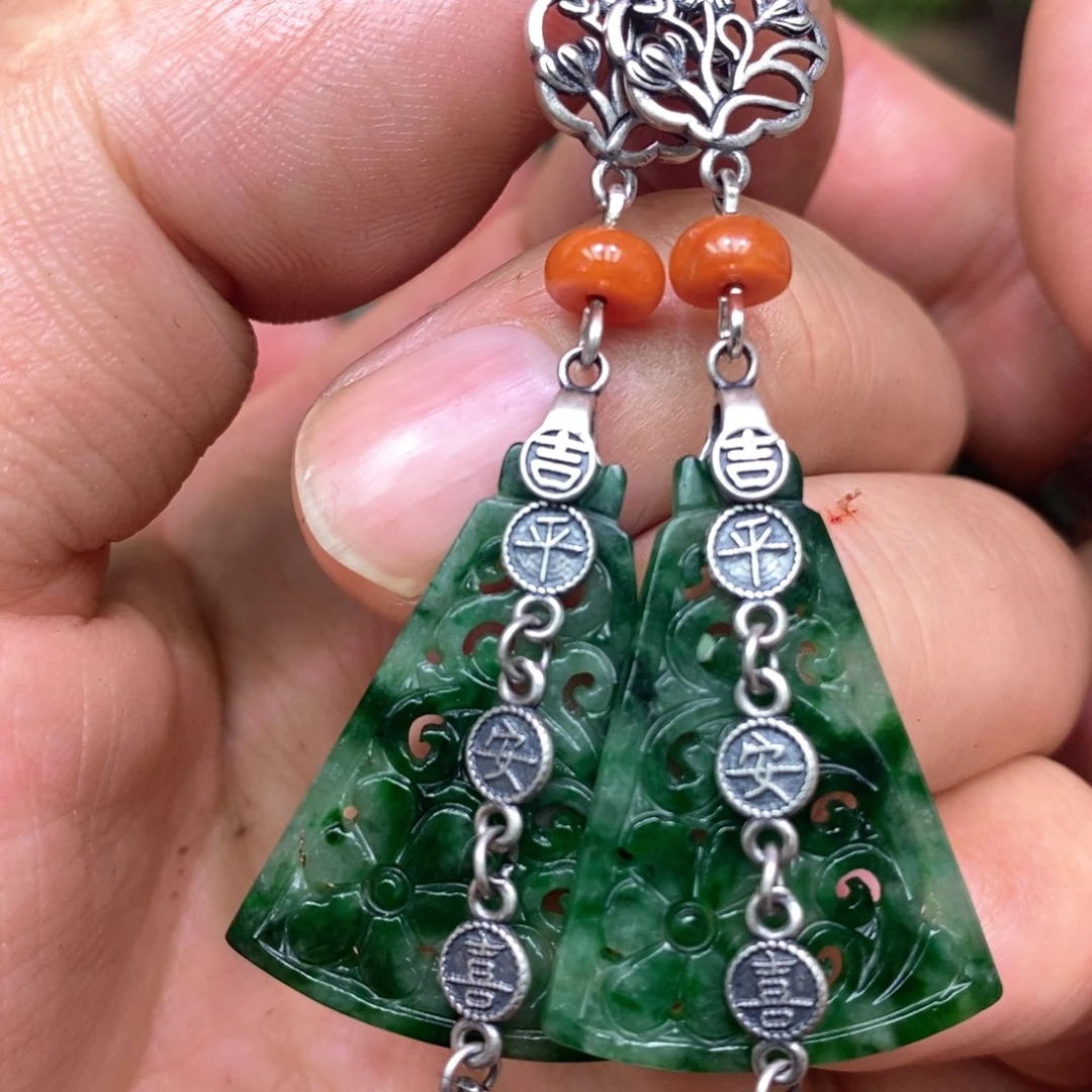 翡翠耳饰银S925镶嵌漂亮美眉