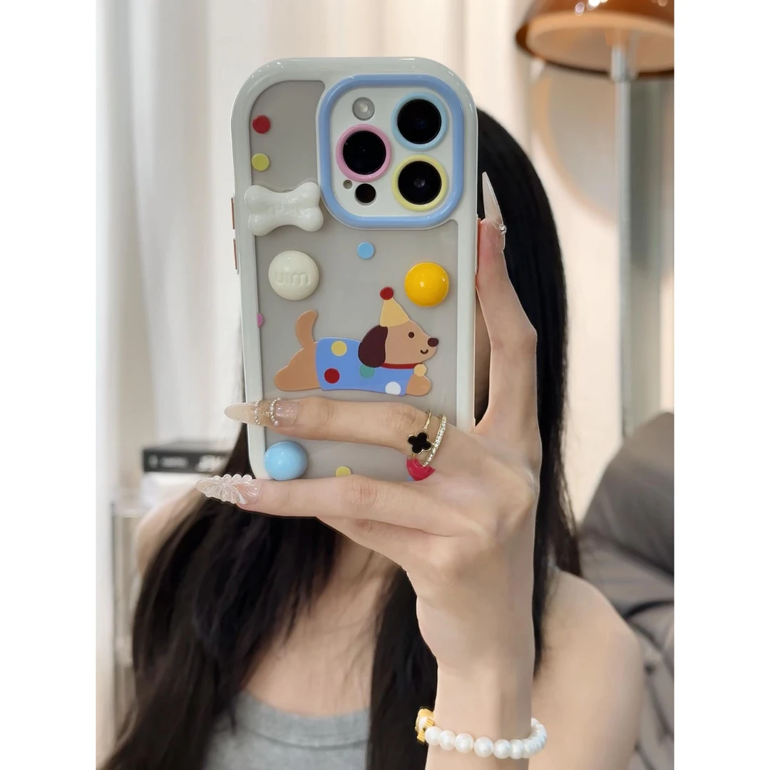 BANCA彩色波点小狗适用iPhone16奶油手机壳华为vivo小米15oppo套