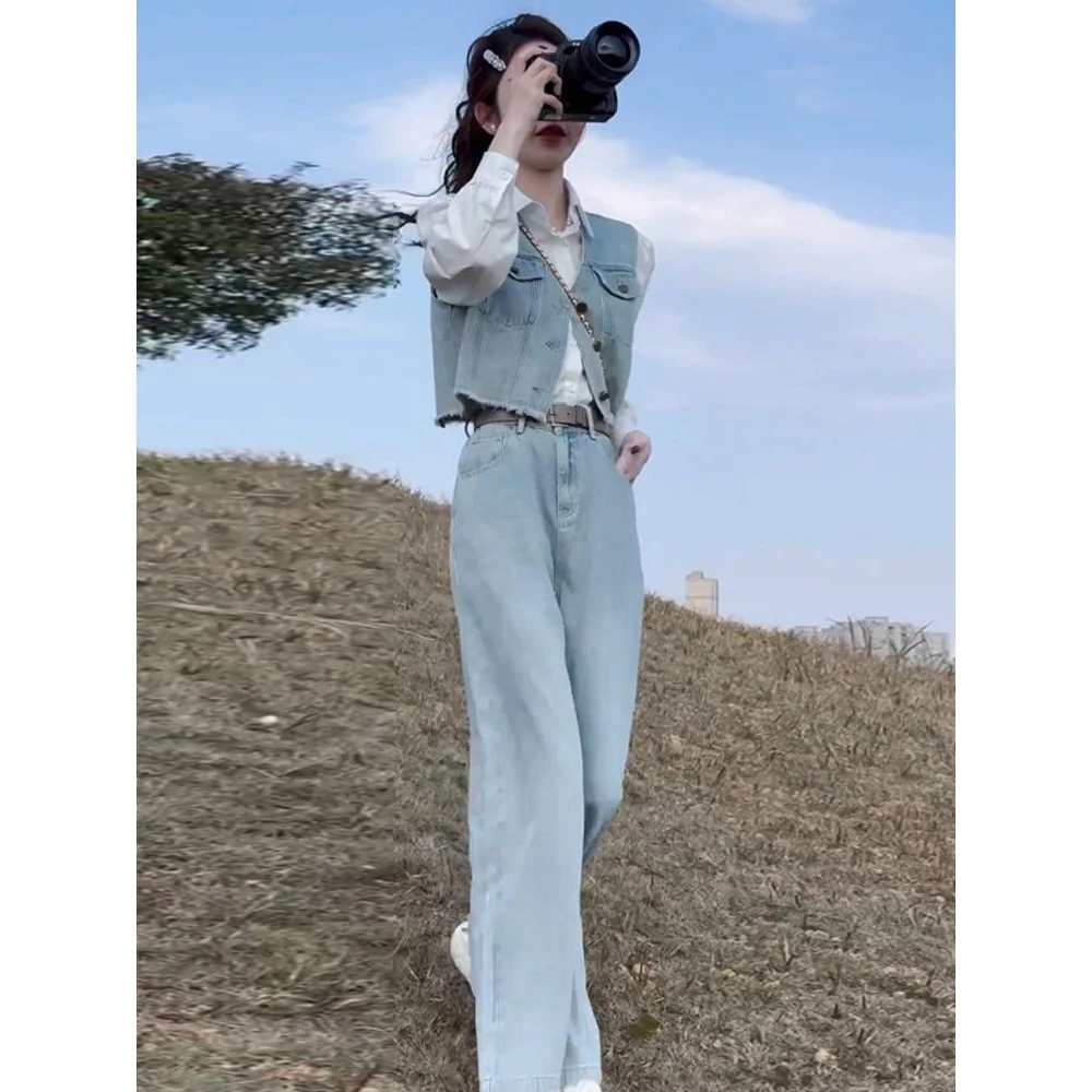 2025秋季新款美式甜酷风牛仔套装女炸街马甲衬衫阔腿裤盐系三件套