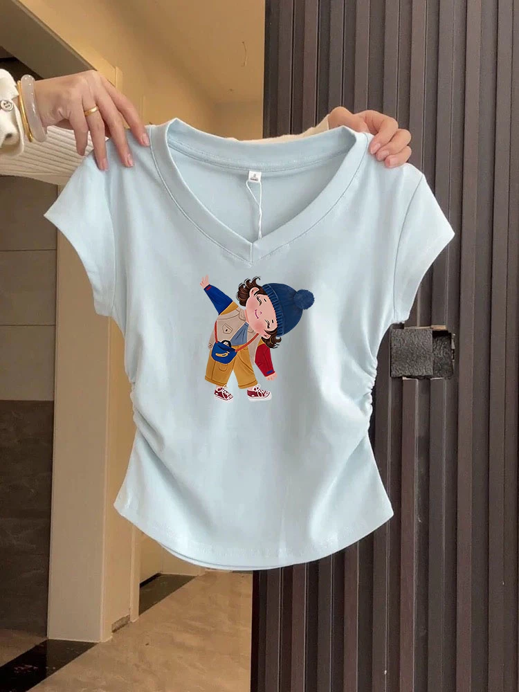 修身辣妹短袖夏季新款奶蓝色V领少女感正肩T恤女卡腰褶皱显瘦上衣