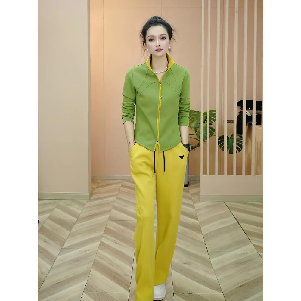复古森系欧货休闲运动风套装女洋气炸街绿色外套上衣阔腿裤两件套