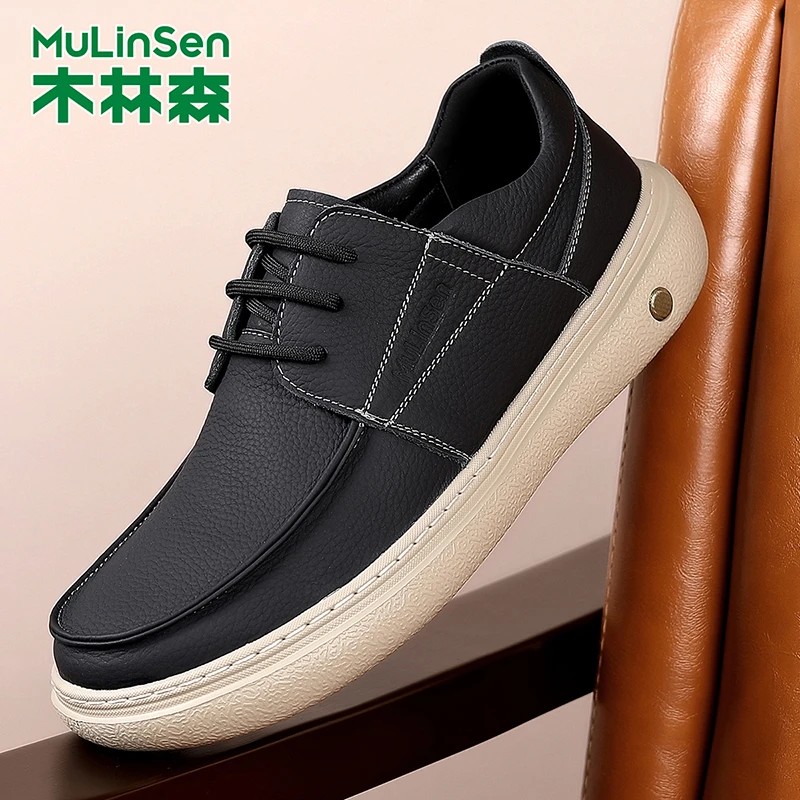 木林森黑色真皮男士百搭减震透气圆头休闲皮鞋时尚夏季单鞋舒适JB