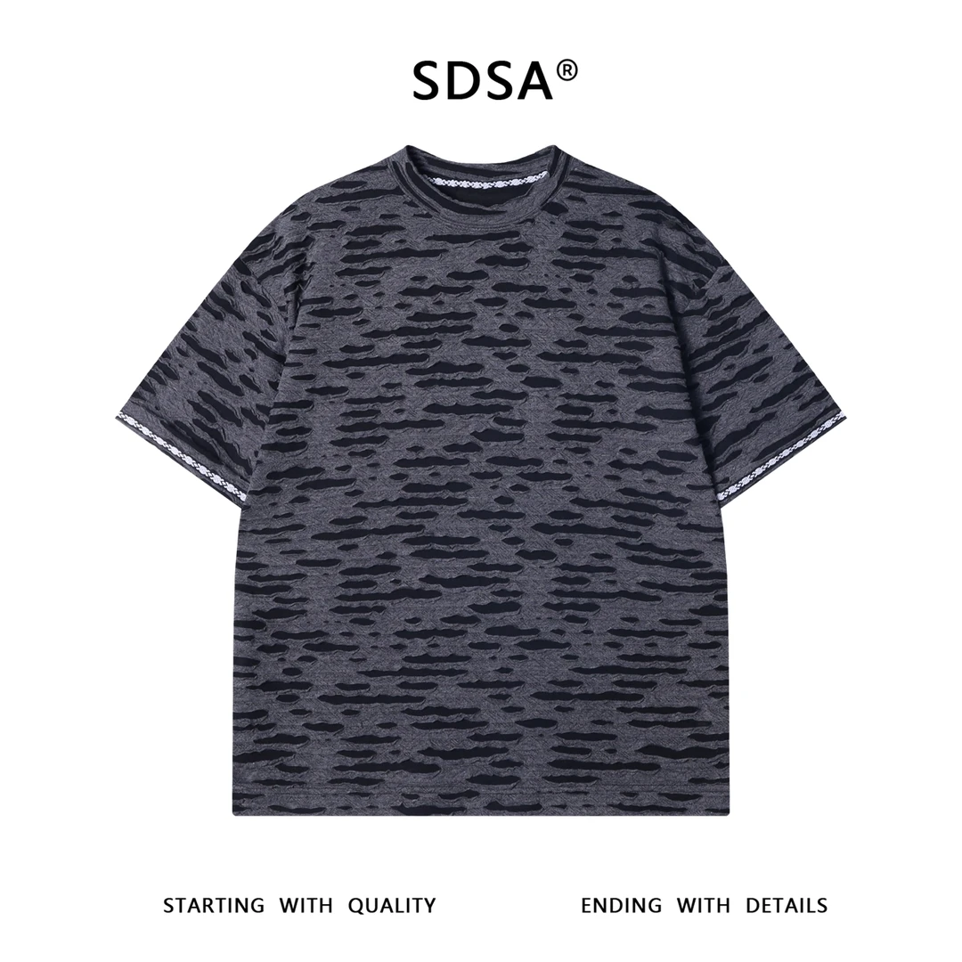 夏季高级感新款韩版撞色割破拼接圆领短袖T恤嘻哈高街百搭上衣