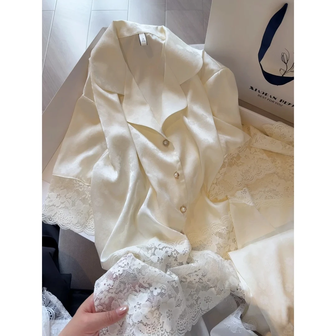 【高级蕾丝边】小众设计冰丝短袖睡衣女春夏新款套装薄款凉感家居服