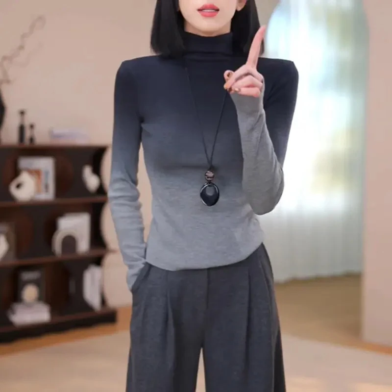 堆堆高领打底衫洋气内搭女秋冬季2025新款修身上衣渐变色长袖t恤