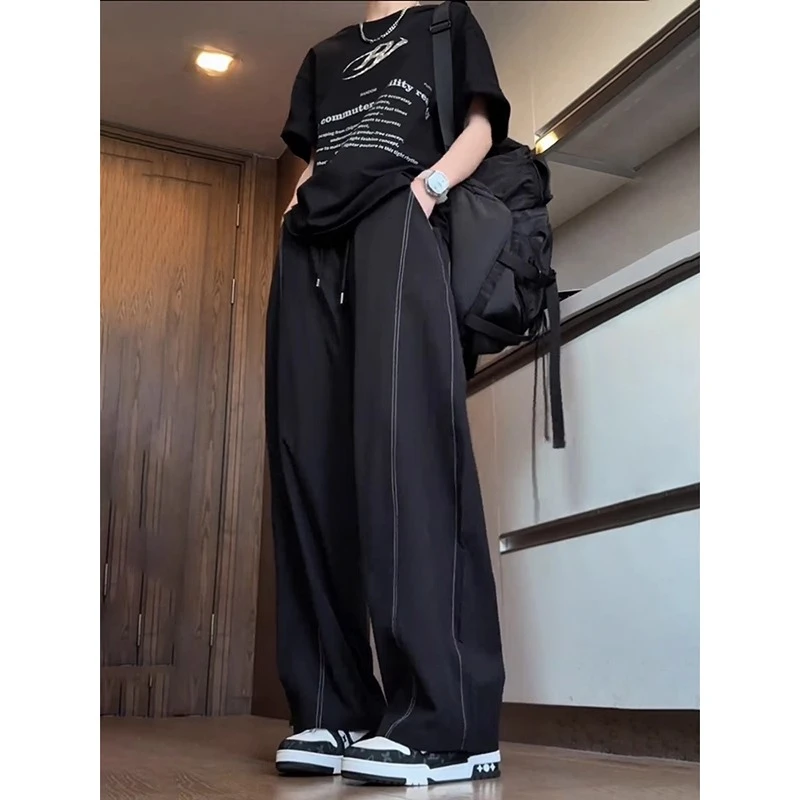 美式冰丝弯刀阔腿裤男夏季薄款垂感直筒斜切裤子速干工装休闲长裤