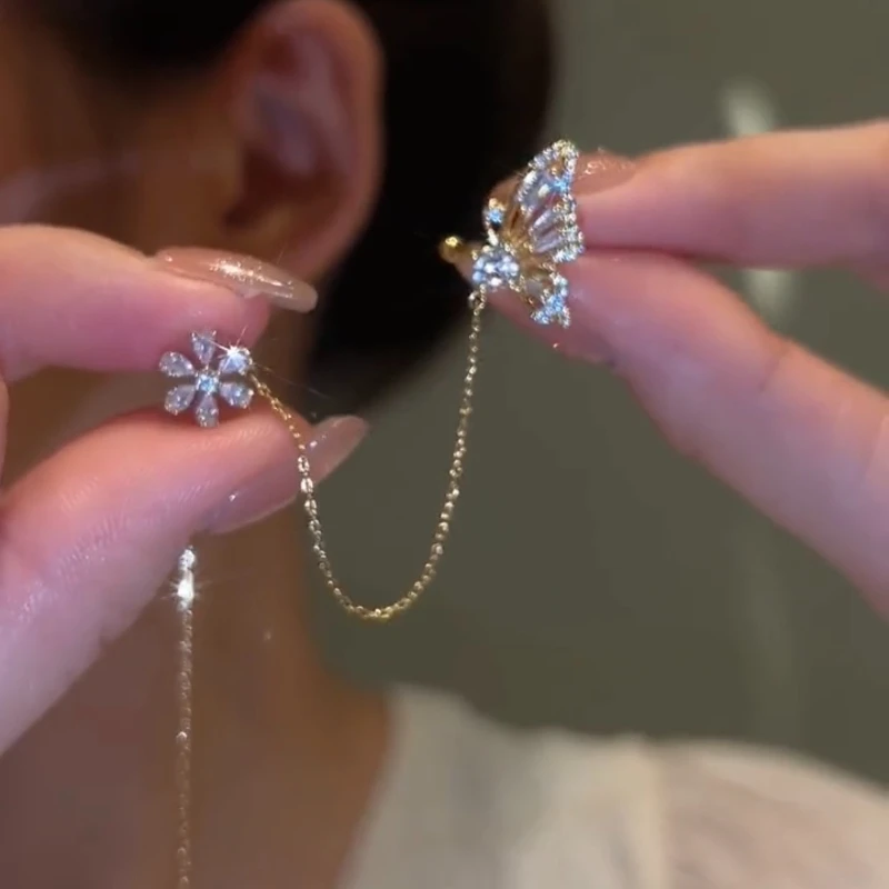 合金亚克力耳饰 耳线一体式耳环小众高级感耳夹气质流苏耳饰