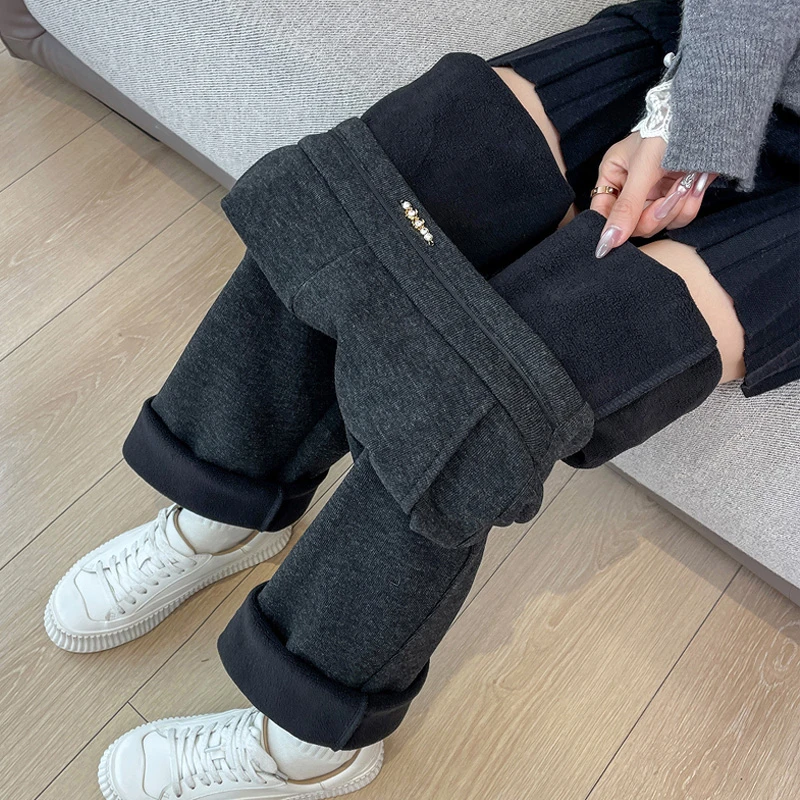 软糯毛呢窄版阔腿裤女直筒休闲春秋冬季加绒加厚糯米高级感慵懒风