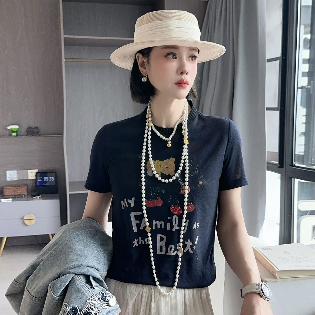 【YUANJIE】欧货春季新款女拼接圆领字母数码印花T恤潮
