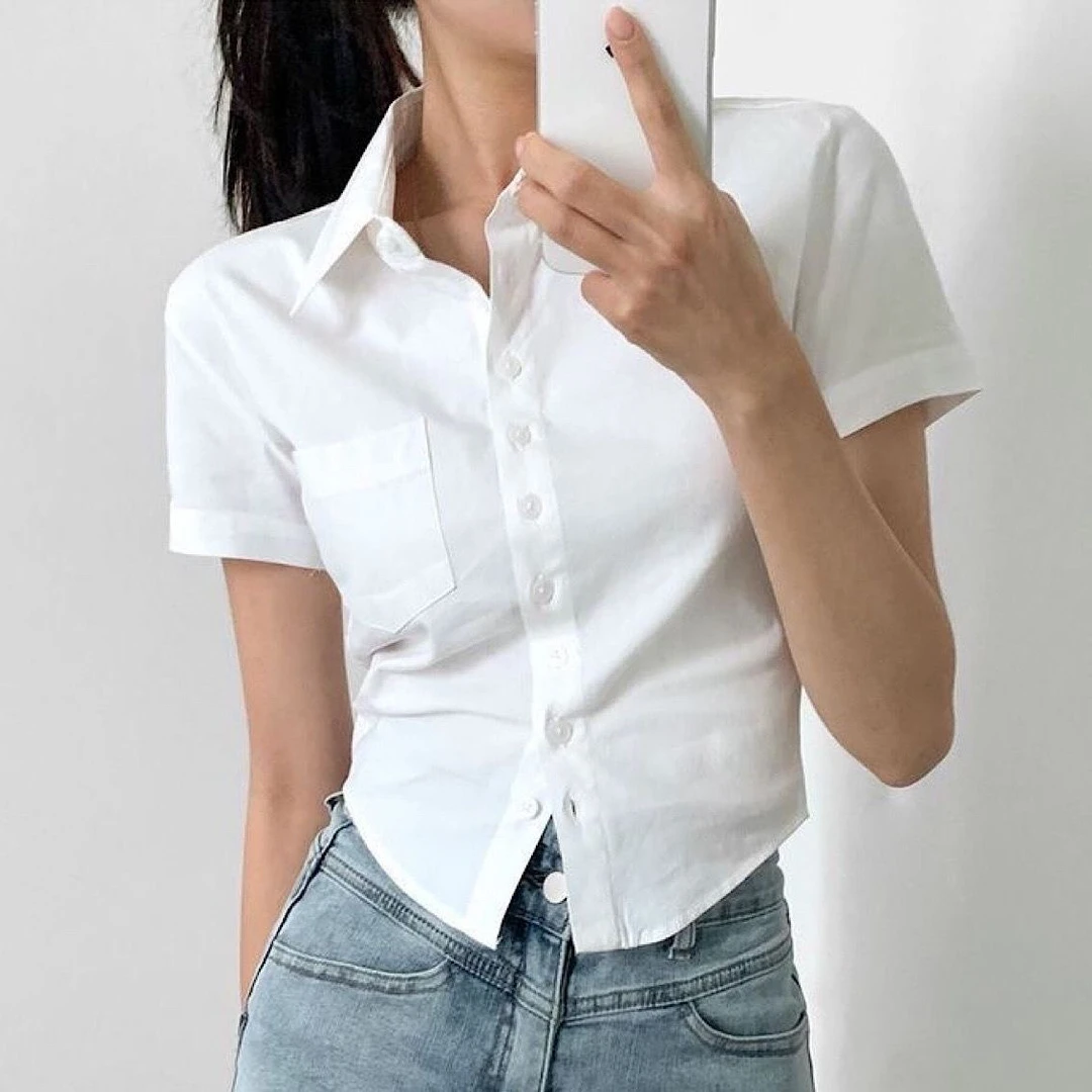 新款欧若风基础款女气质甜辣衬衣收腰显瘦短款白衬衫设计气质上衣