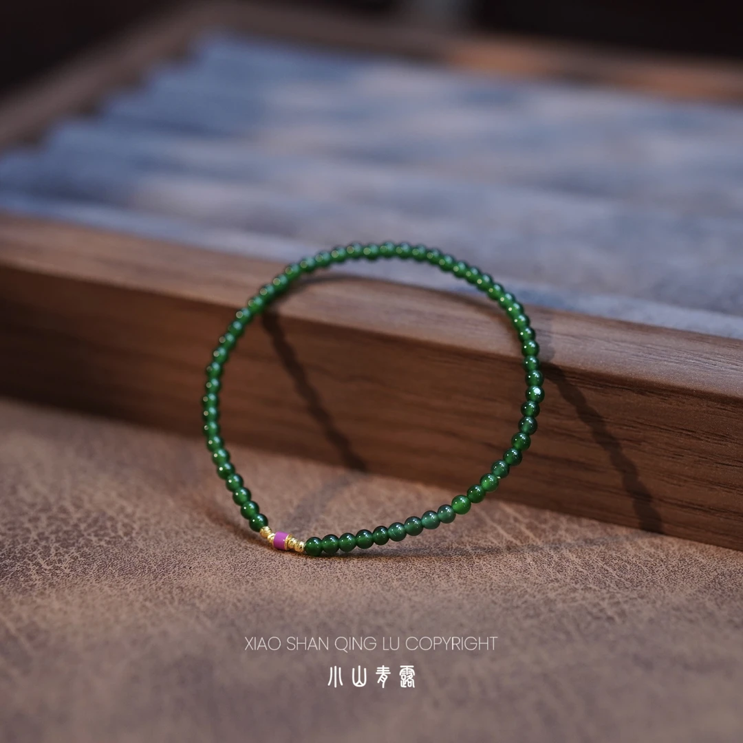 【W1637】天然翡翠烧蓝管手串18K金镶嵌 长17cm 珠3mm左右