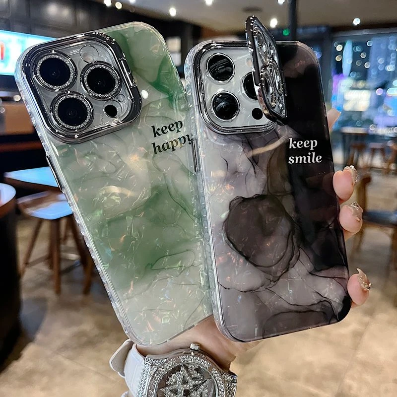 适用苹果系列iPhone16新款手机壳时尚黑色晕染银灰色闪粉镜头支架