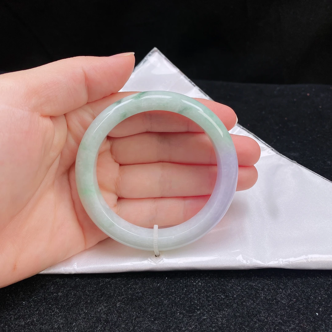 55圈口缅甸翡翠A货老坑细糯种春彩紫绿飘花正圈玉镯子正品珠宝