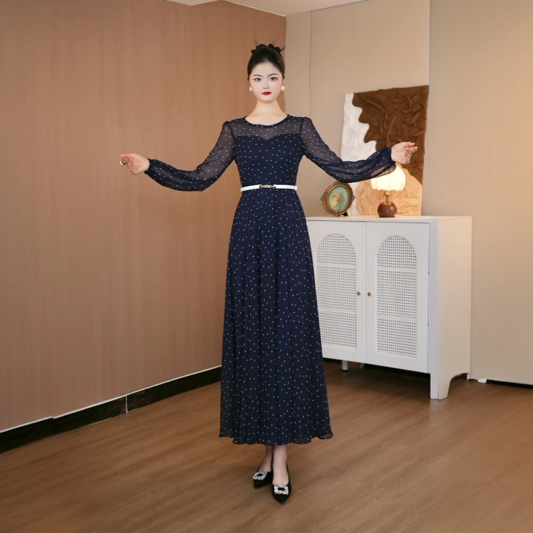 藏蓝色波点气质轻奢连衣裙圆领长款大摆长裙子长过膝修身显瘦夏季