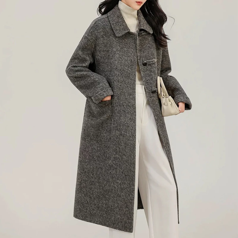 秋冬长款双面呢羊毛大衣简约大气羊毛呢外套纯手工呢大衣 长112