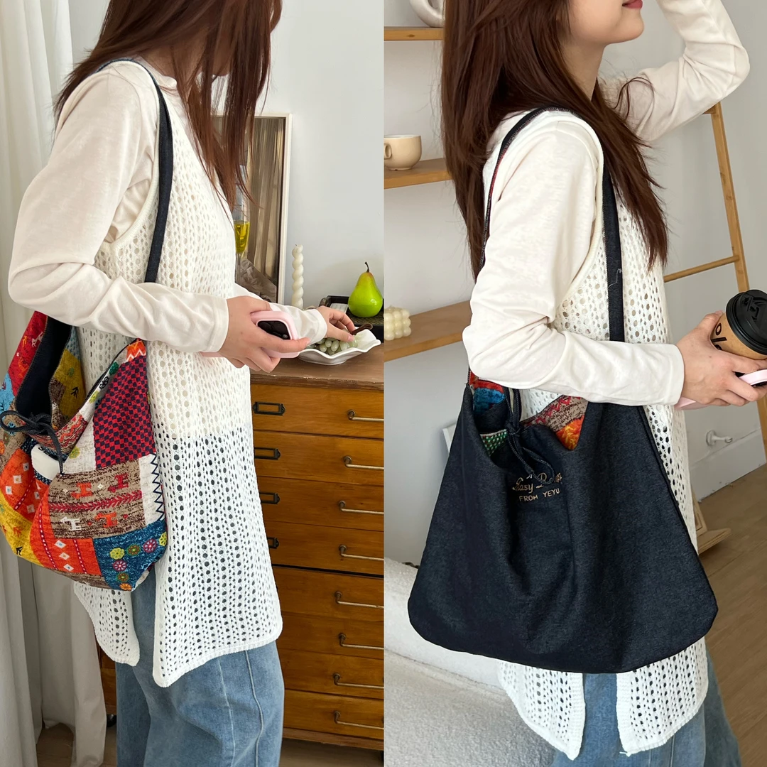 原创小众设计拼布风帆布包单肩斜挎包大容量托特包牛仔女包学生包