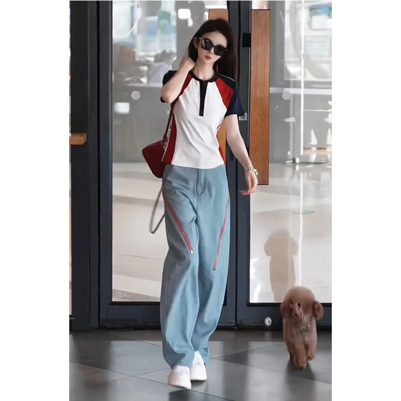 2025夏季美式短款半开领短袖t恤上衣竖条纹窄版直筒裤子两件套装