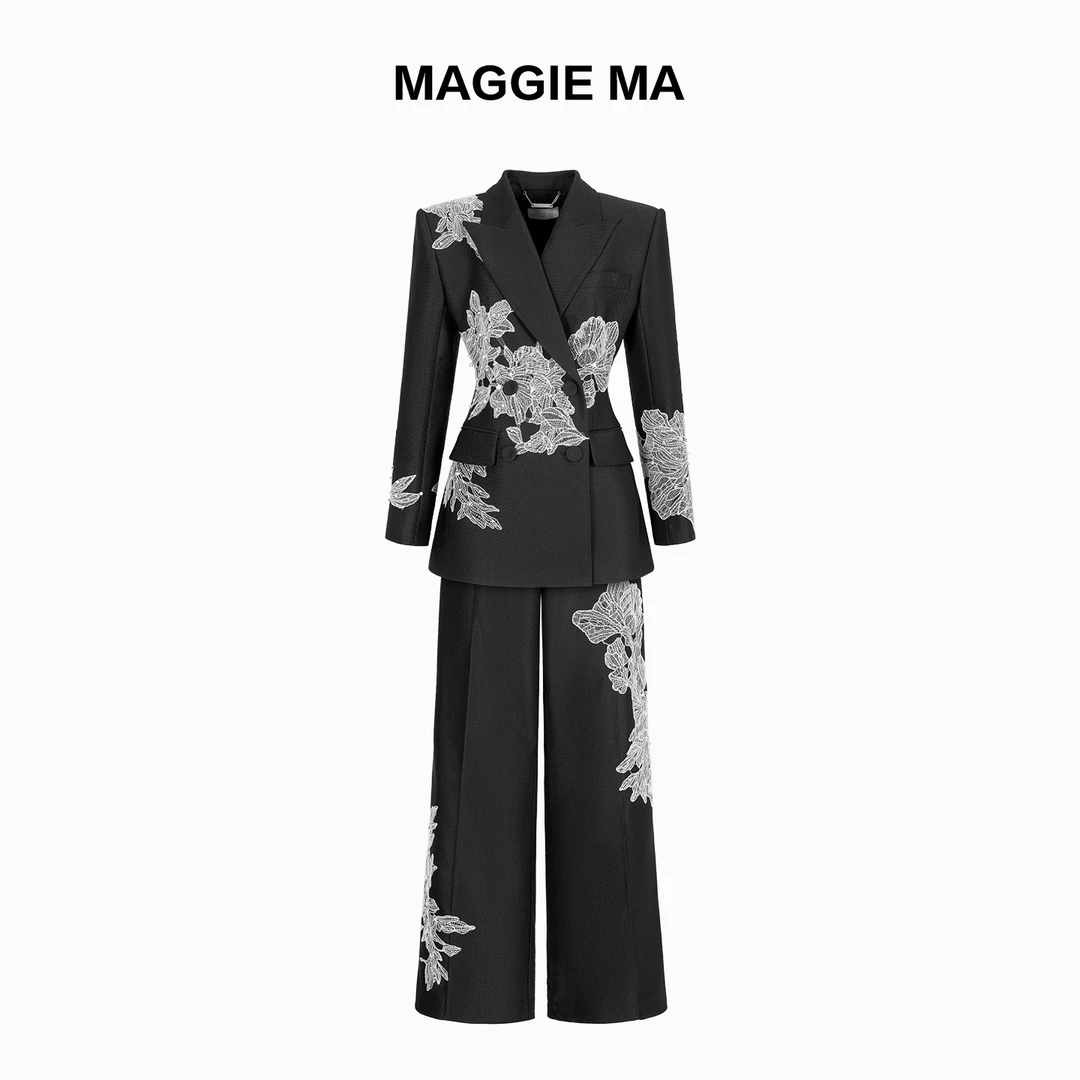 MAGGIE MA马婧设计师款优雅重工蕾丝刺绣钉珠西装套装458C/459P