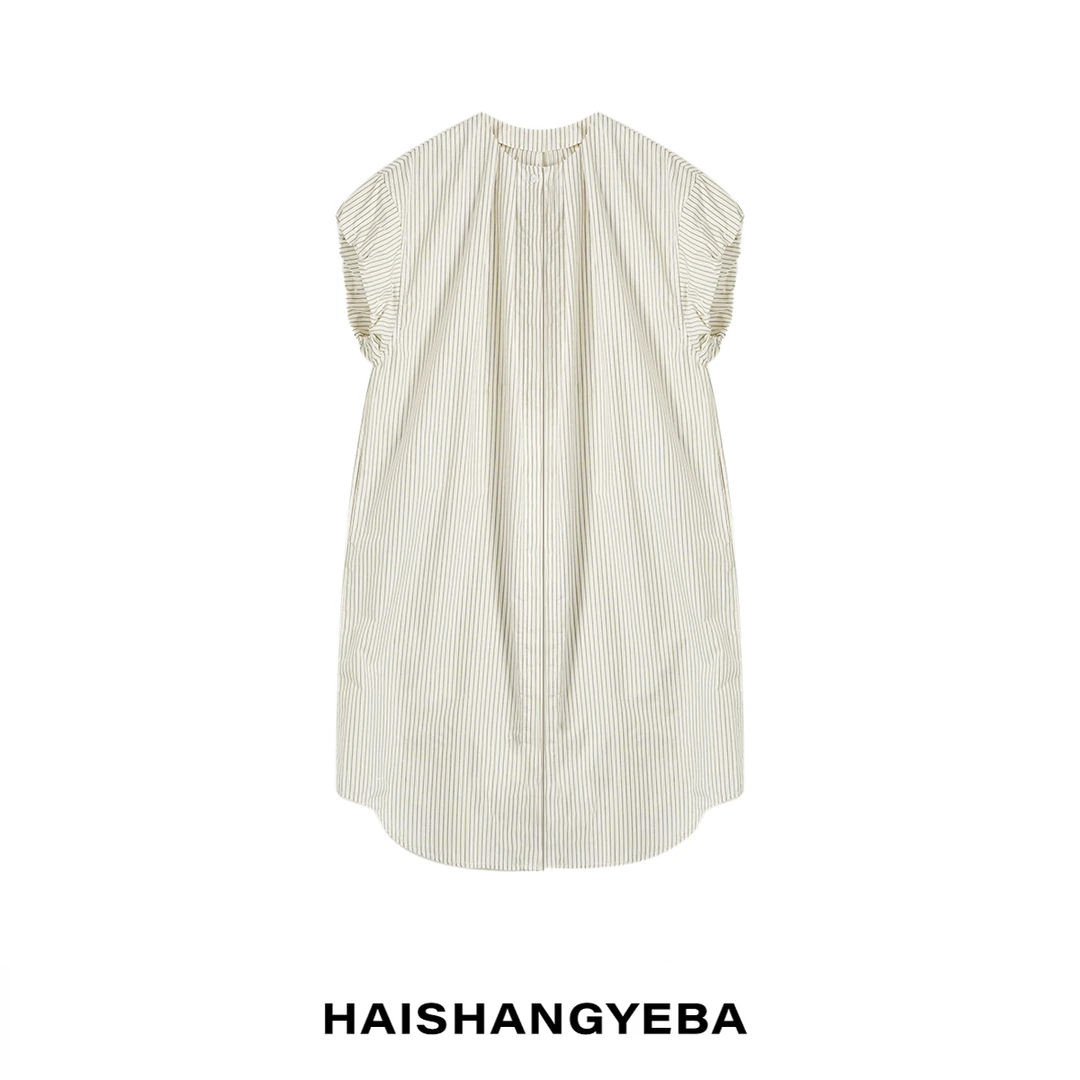 【海上叶爸】新款2025春夏百搭棉圆领套头宽松条纹短袖连衣裙