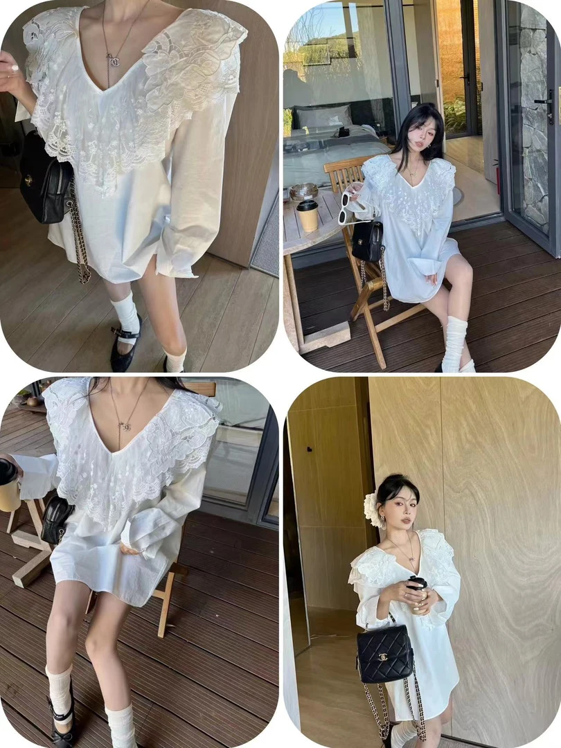 2565早春重工蕾丝大翻领衬衫