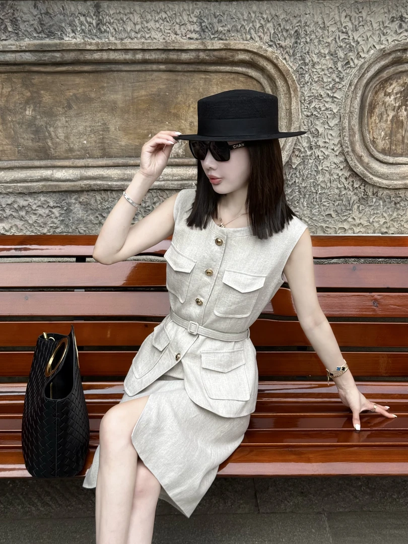 【精致老钱】法国高端进口雨露麻夏季老钱亚麻气质无袖马甲半裙套装
