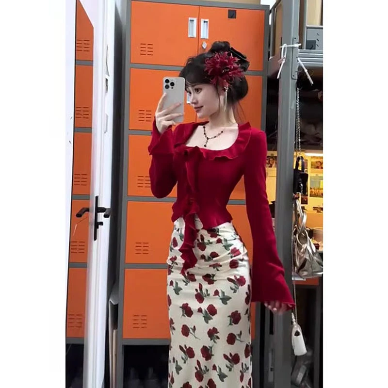 法式木耳边方领新年红色针织打底衫气质感名媛上衣印花半身裙套装