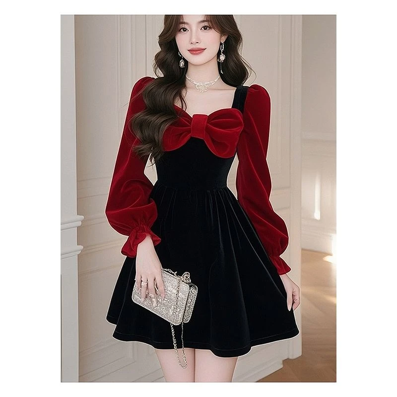 今年流行超好看的过年战衣拜年服安可拉红色蝴蝶结设计感连衣裙女