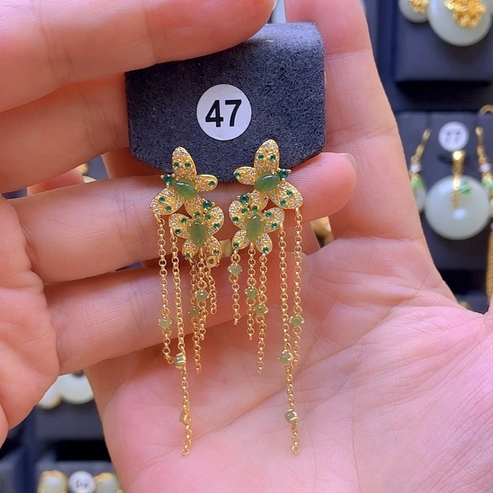 和田玉银S925镀金镶嵌耳饰