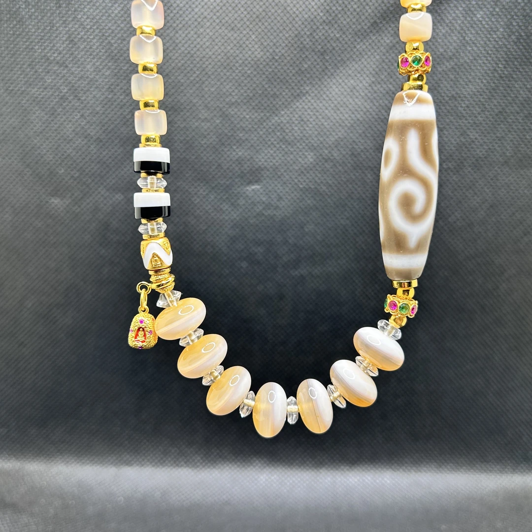 台珠手工珠天缘嫩色白豪多图腾条纹玛瑙设计款锁骨链项链