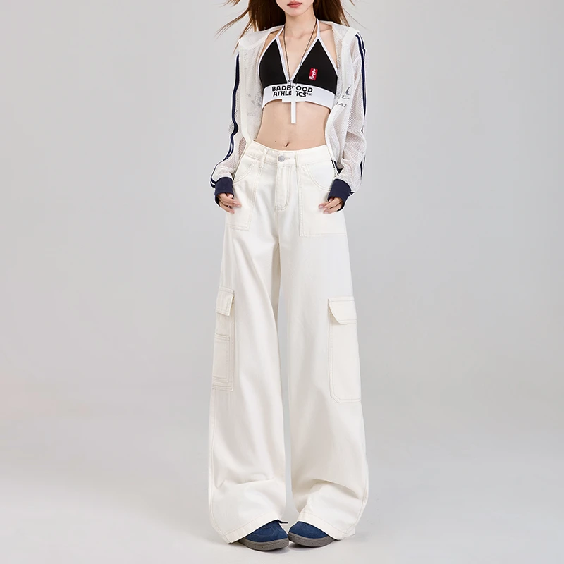 宽松阔腿裤显瘦款口袋工装裤百搭春夏2025新款直筒牛仔裤女新款