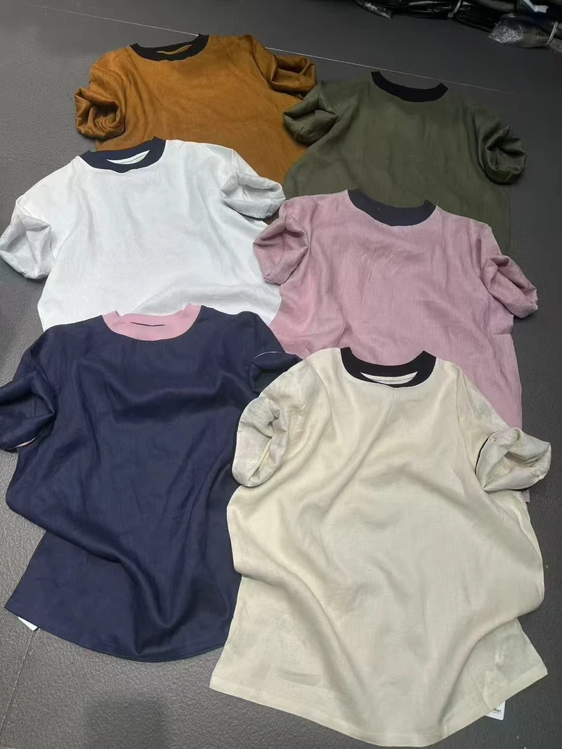 《27和yy家STUDIO》彩色拼接撞色亚麻宽松极简百搭T恤