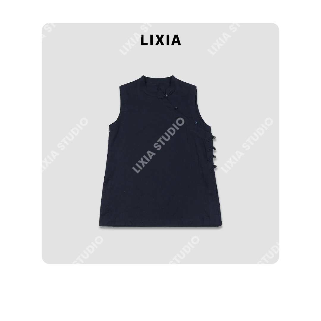 LIXIA【素襟】时尚新国风设计款侧盘扣亚麻圆领马甲-D8591