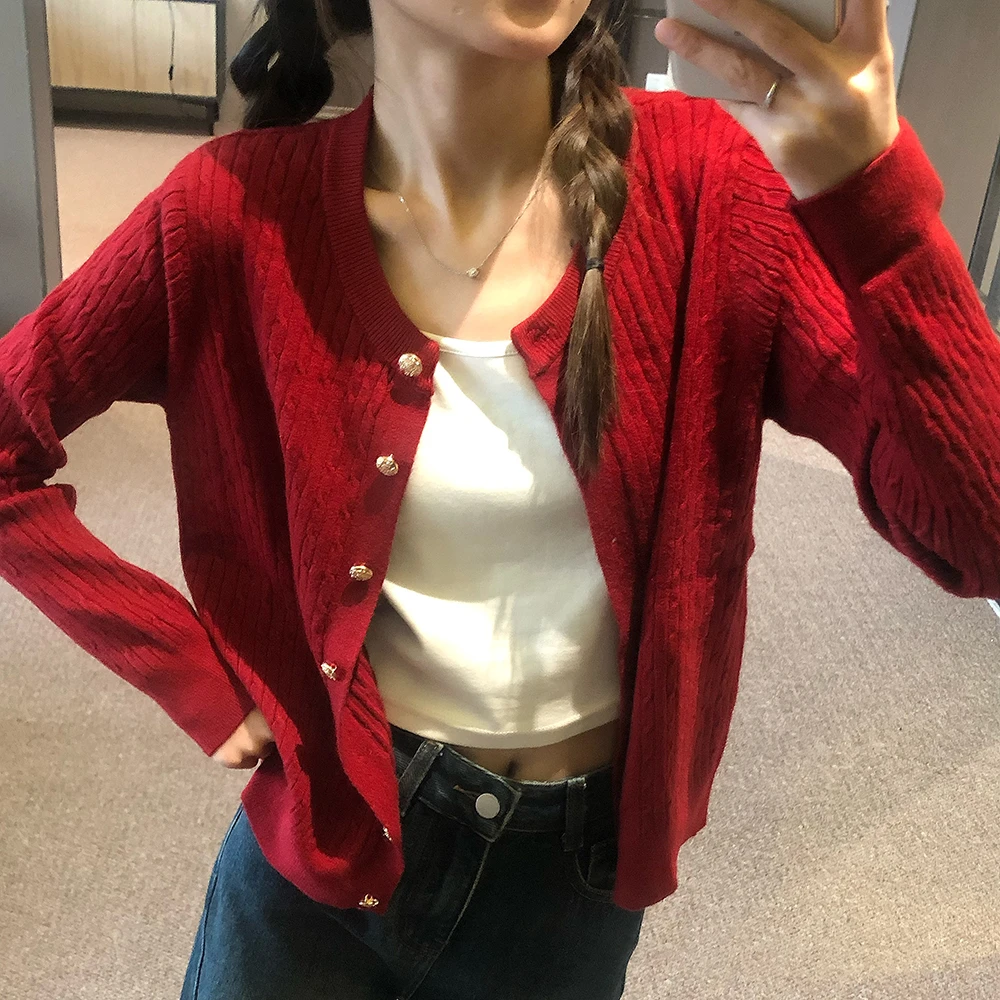 王家有鱼/红色长袖针织开衫/6202